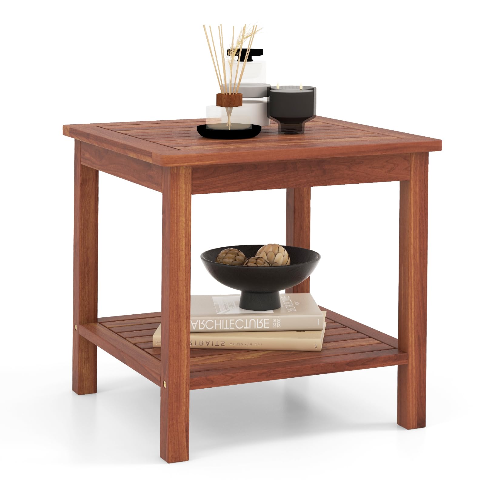 Tangkula Table d'appoint de patio, Table d'appoint en bois d'acacia à deux niveaux